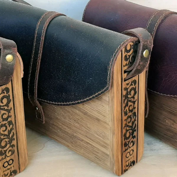 HANDMADE WOODEN hand bag || Brown Leather || Cedar Wood with Floral Boho Engraving || 100% Real Leather || handmade in Crete-Greece