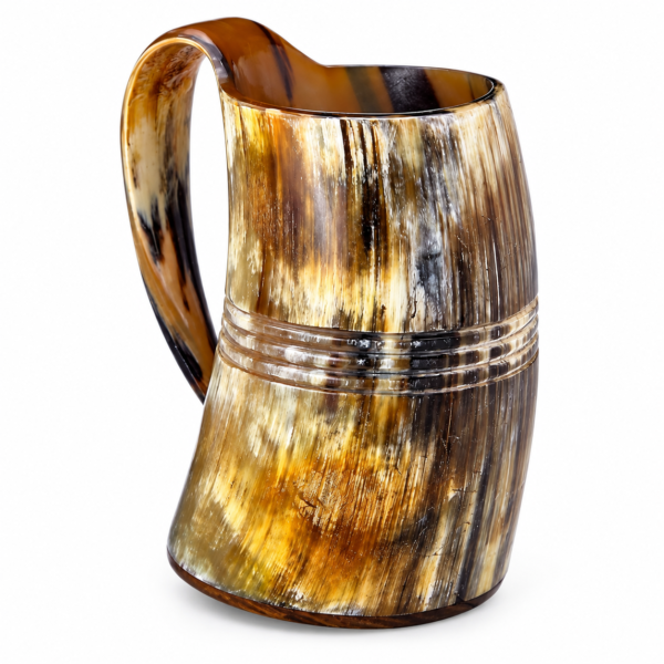 Side view of handcrafted natural ox horn beer mug