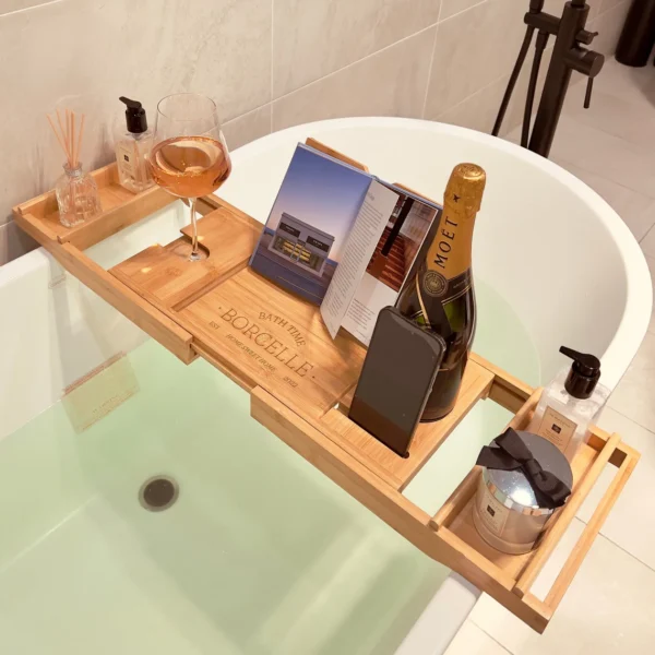Luxury extendable bamboo bathtub caddy tray with wine glass holder, book stand, and spa organizer