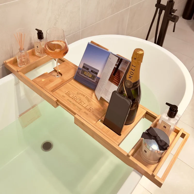 Luxury extendable bamboo bathtub caddy tray with wine glass holder, book stand, and spa organizer