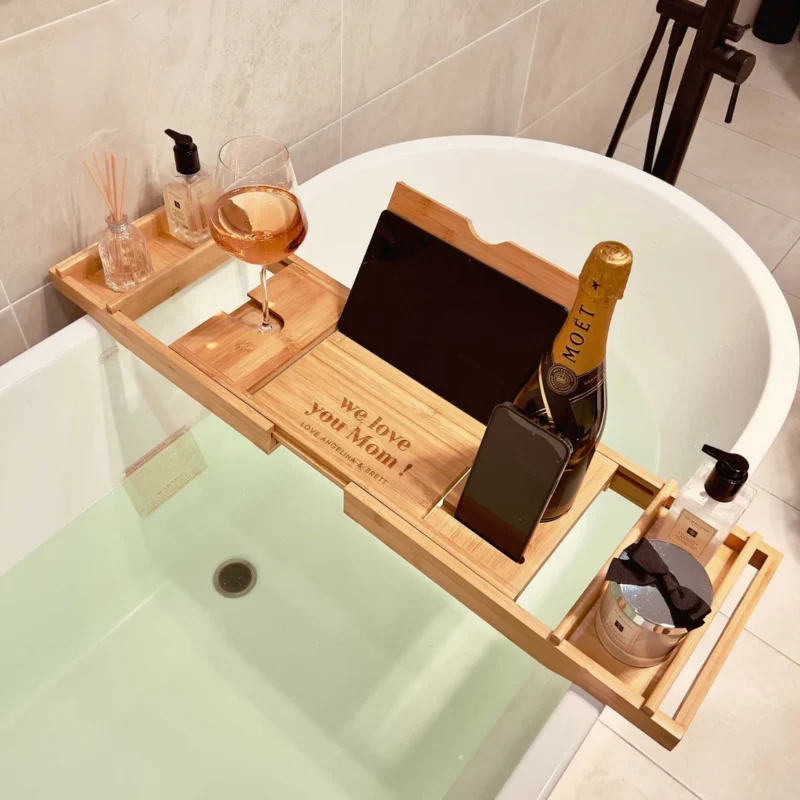 Luxury extendable bamboo bathtub caddy tray with wine glass holder, book stand, and spa organizer