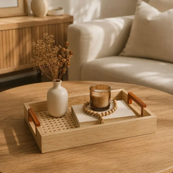 Wooden Cane Webbing Serving Tray