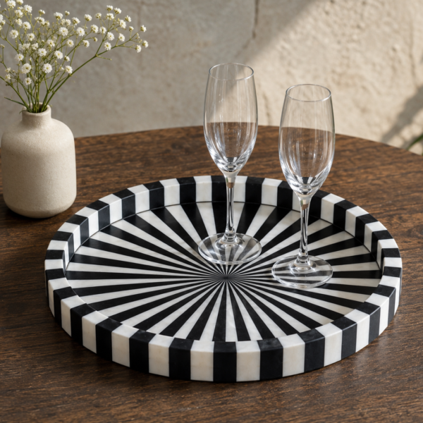 Bone Inlay Sunburst Round Serving Tray