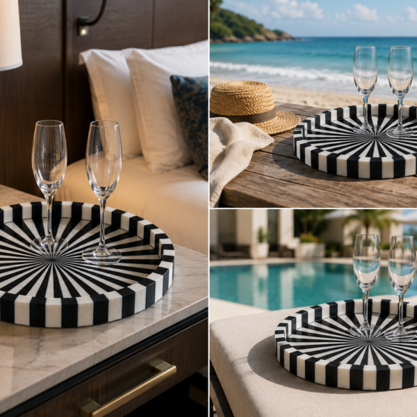 Bone Inlay Sunburst Round Serving Tray