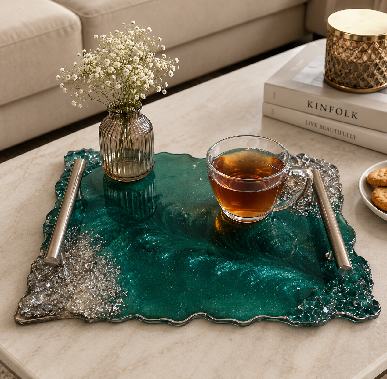 Luxury Epoxy Resin Serving Tray Luxury handcrafted emerald green epoxy resin serving tray with stainless steel handles