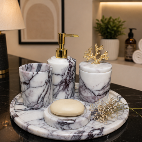 Premium handcrafted natural marble bathroom accessories set featuring a soap dispenser, tumbler, storage jar, soap dish, and matching tray with elegant gold accents. Perfect for luxury homes, hotels, spas, wholesale buyers, OEM, private label, and worldwide export.
