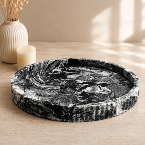 Handcrafted round natural marble decorative tray for perfumes, candles, jewelry, cosmetics, and luxury home décor.