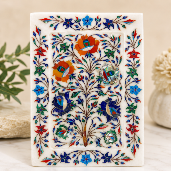 Handcrafted white marble floral inlay decorative plaque with semi-precious stone artwork for luxury home décor
