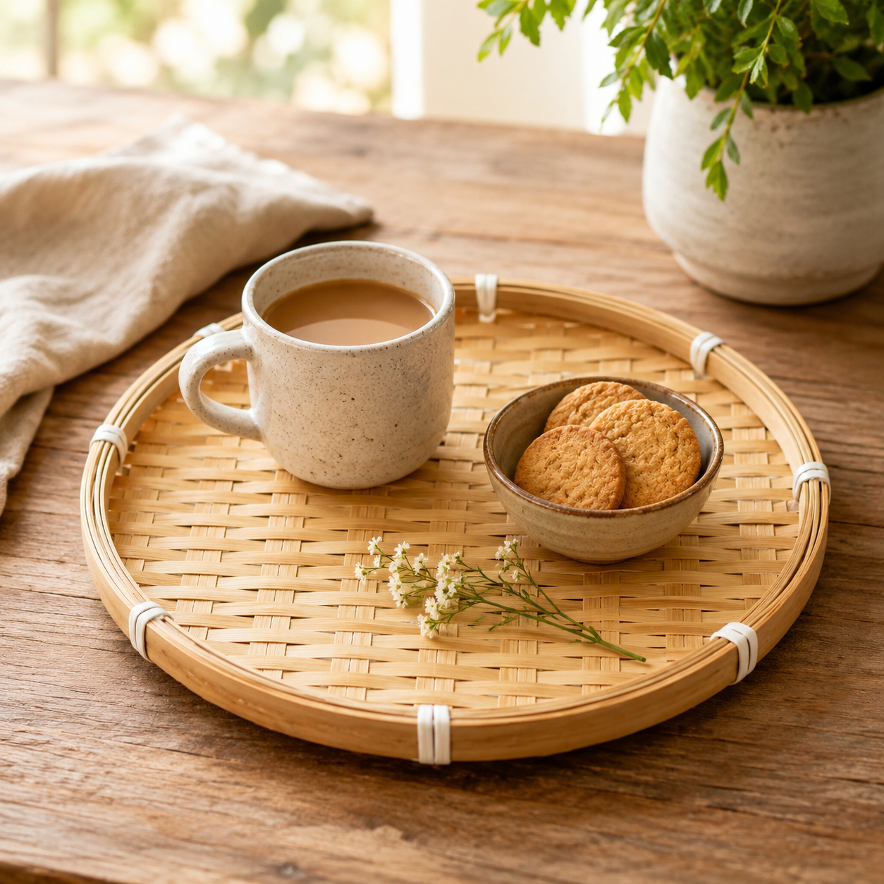 Handcrafted Round Bamboo Woven Serving Tray Handcrafted round bamboo woven serving tray made from natural bamboo for serving tea, coffee, fruits, bread, snacks, and home décor.