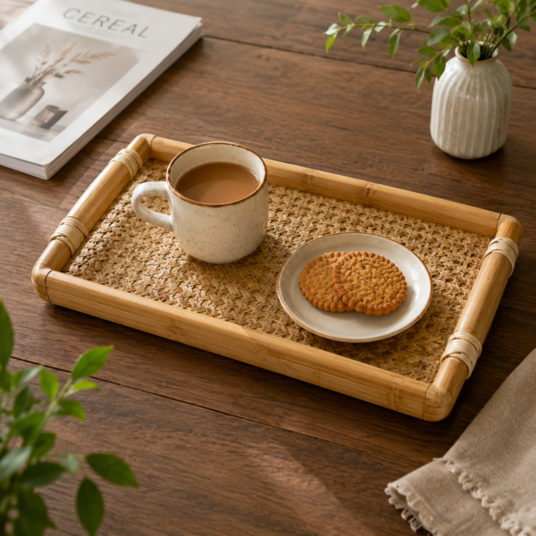 Handcrafted round bamboo woven serving tray made from natural bamboo for serving tea, coffee, fruits, bread, snacks, and home décor.