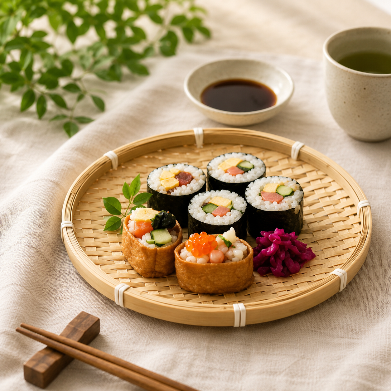 Handcrafted Round Bamboo Woven Serving Tray Handcrafted round bamboo woven serving tray made from natural bamboo for serving tea, coffee, fruits, bread, snacks, and home décor.