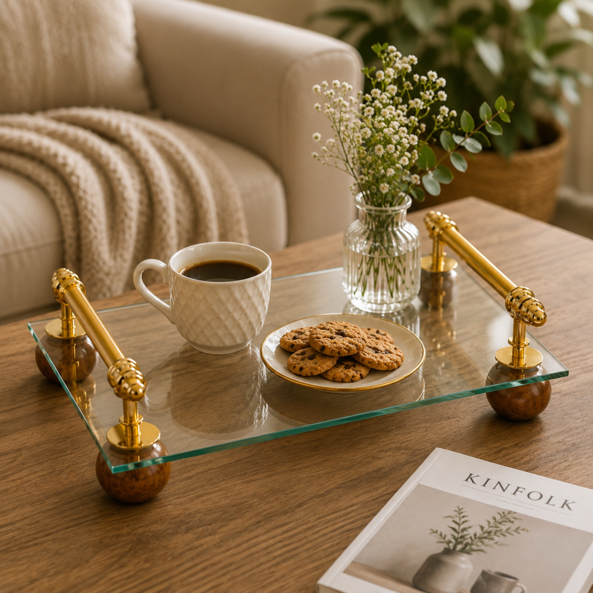 Luxury Glass Serving Tray with Gold Metal Handles
