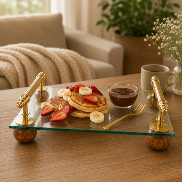Luxury Glass Serving Tray with Gold Metal Handles