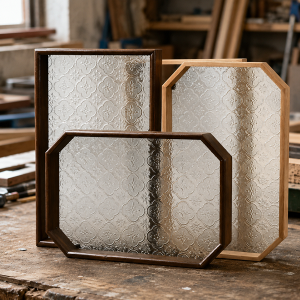 Rectangular embossed glass serving tray with rose gold metal frame and decorative feet