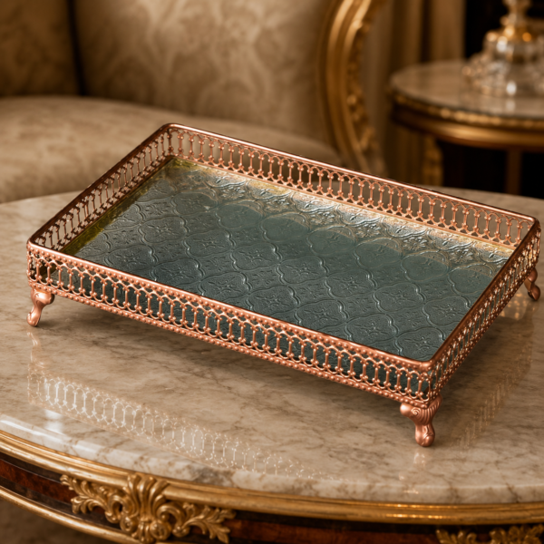 Rectangular embossed glass serving tray with rose gold metal frame and decorative feet