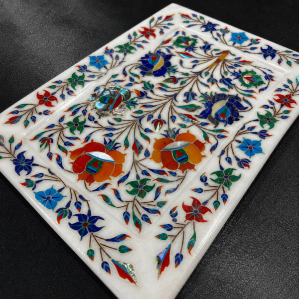 Handcrafted White Marble Floral Inlay Decorative Plaque