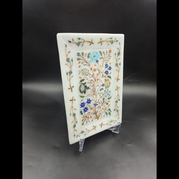 Handcrafted white marble floral inlay decorative plaque with semi-precious stone artwork for luxury home décor