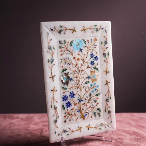 Handcrafted white marble floral inlay decorative plaque with semi-precious stone artwork for luxury home décor