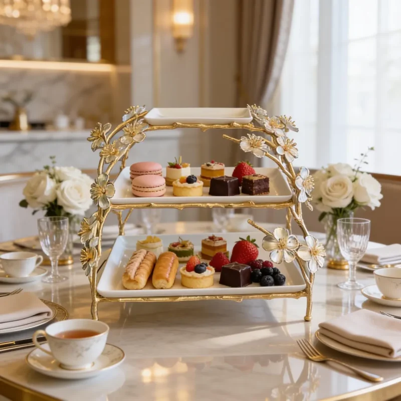 Luxury 3-tier ceramic and metal dessert stand with handcrafted floral gold frame