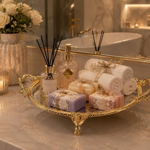 Luxury Round Metal Serving Tray with Gold Decorative Handles and Engraved Surface