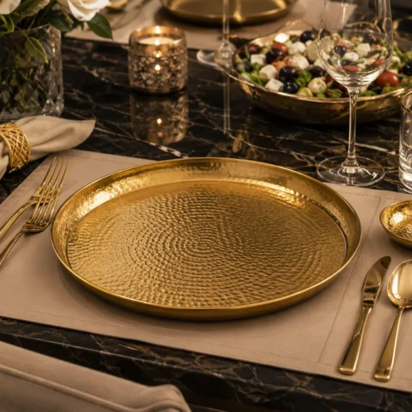 Handcrafted natural brass round dinner plate with hammered finish