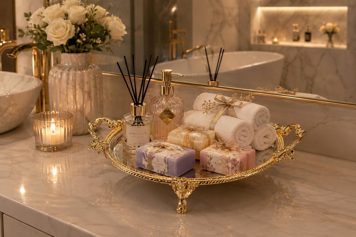 Luxury Round Metal Serving Tray Luxury Round Metal Serving Tray with Gold Decorative Handles and Engraved Surface