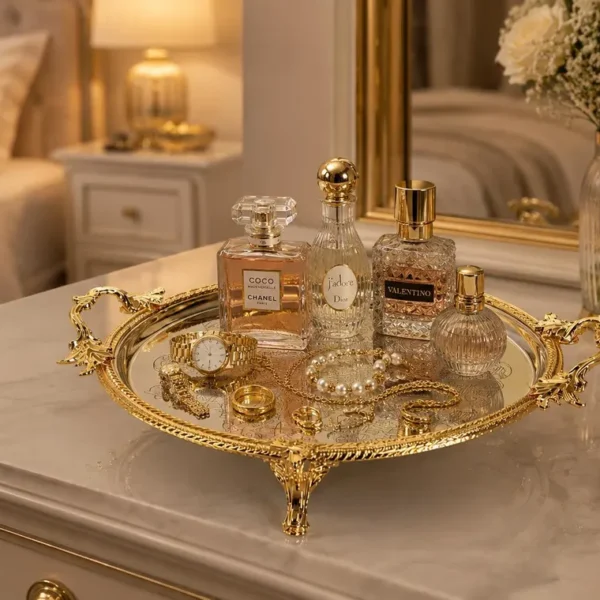 Luxury Round Metal Serving Tray with Gold Decorative Handles and Engraved Surface