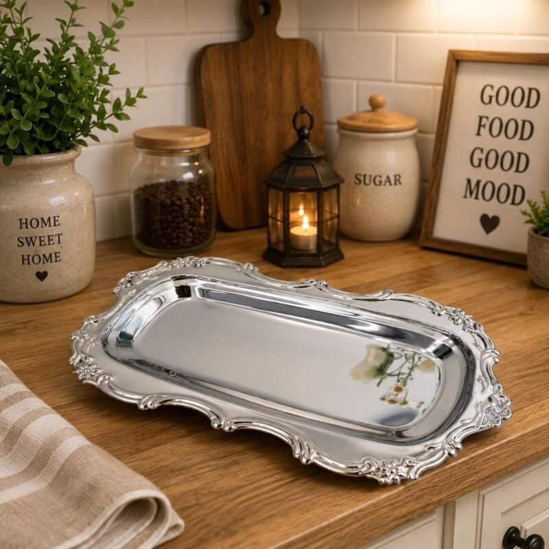 Luxury silver metal serving tray with decorative ornate border for serving and home décor