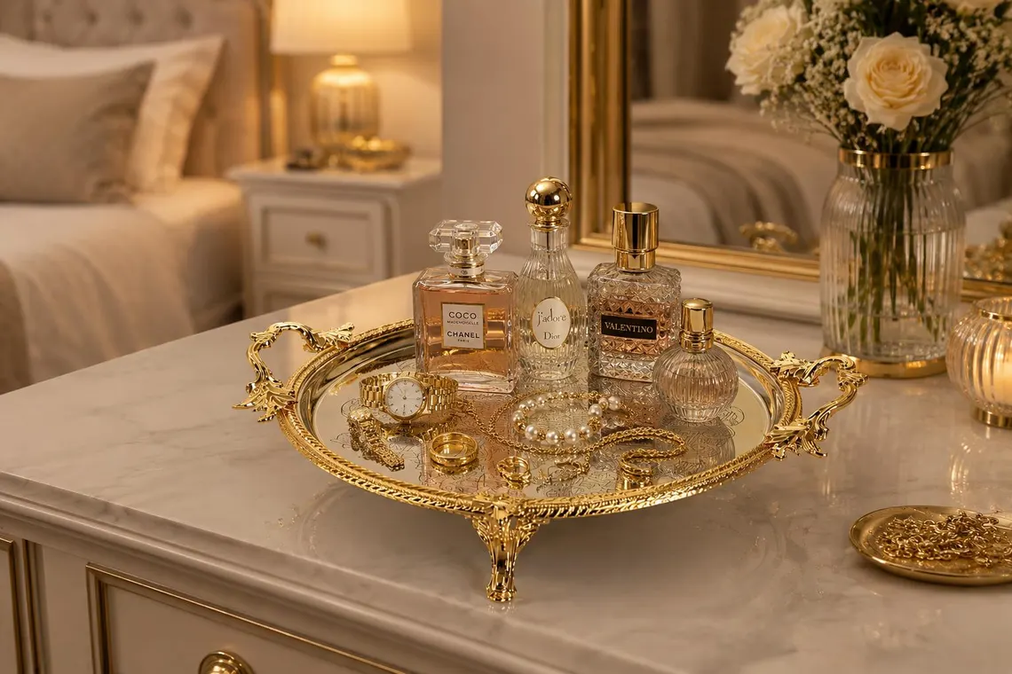 Luxury Round Metal Serving Tray Luxury Round Metal Serving Tray with Gold Decorative Handles and Engraved Surface