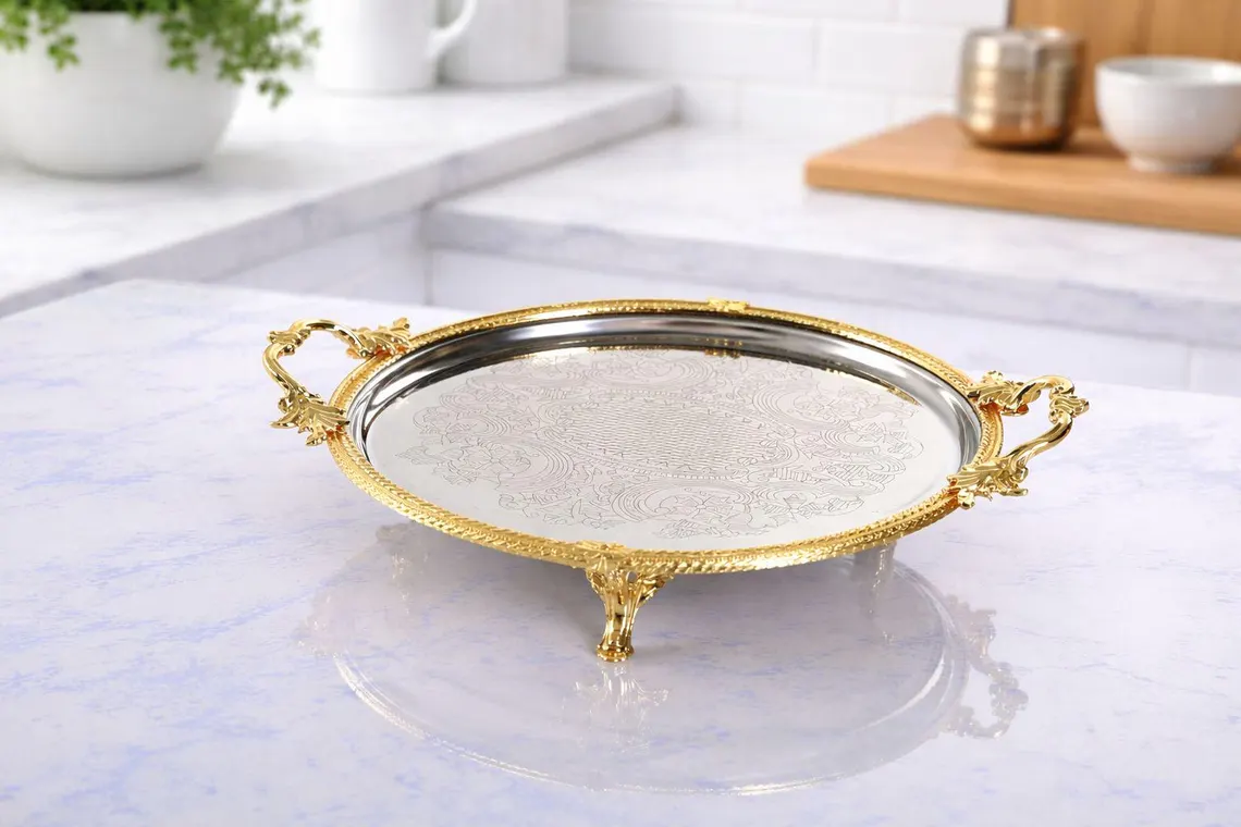 Luxury Round Metal Serving Tray Luxury Round Metal Serving Tray with Gold Decorative Handles and Engraved Surface