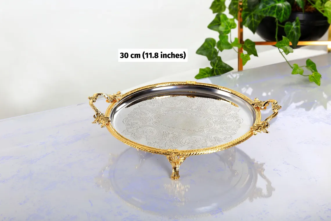Luxury Round Metal Serving Tray Luxury Round Metal Serving Tray with Gold Decorative Handles and Engraved Surface
