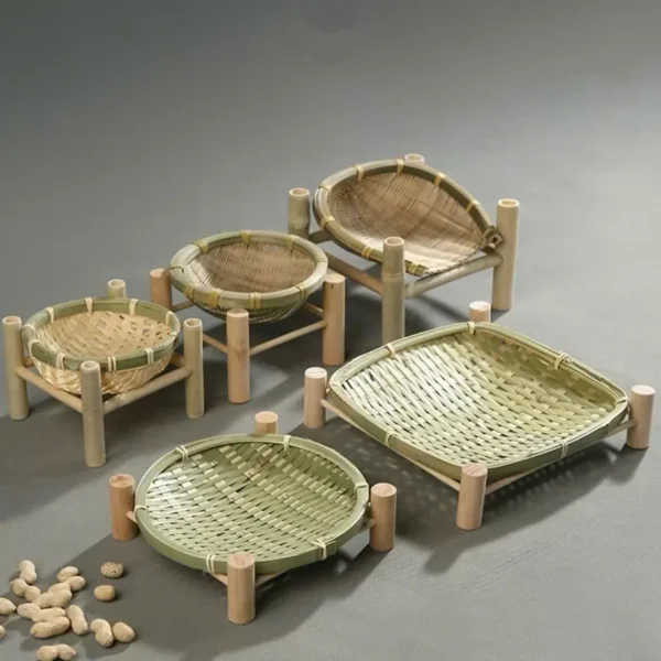 Handcrafted natural bamboo display stand tray for serving fruits, bread, snacks, and home organization