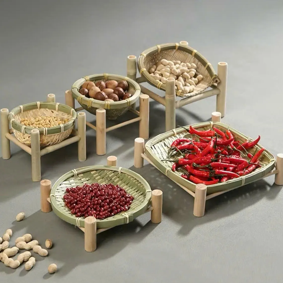 Mini bamboo shelves with trays,2 Handcrafted natural bamboo display stand tray for serving fruits, bread, snacks, and home organization