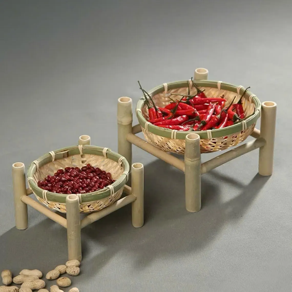 Handcrafted Mini Bamboo Display Stand Tray Handcrafted natural bamboo display stand tray for serving fruits, bread, snacks, and home organization
