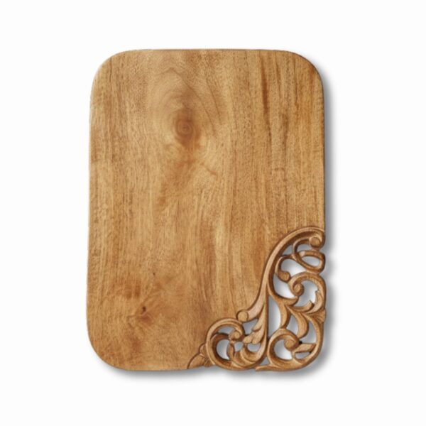 Handcrafted wooden decorative chopping board with elegant carved corner design for kitchen cutting and serving.