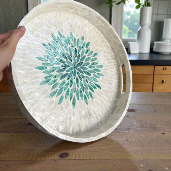Bone Inlay Round Serving Tray with Green Floral Pattern