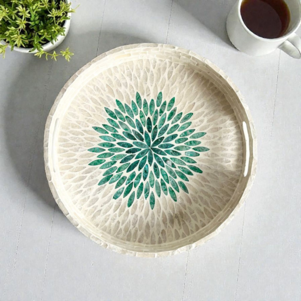 Bone Inlay Round Serving Tray with Green Floral Pattern