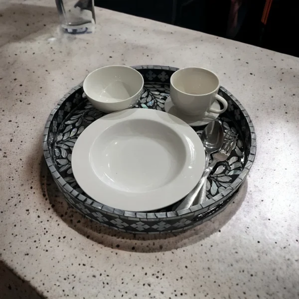 Bone Inlay Sunburst Round Serving Tray