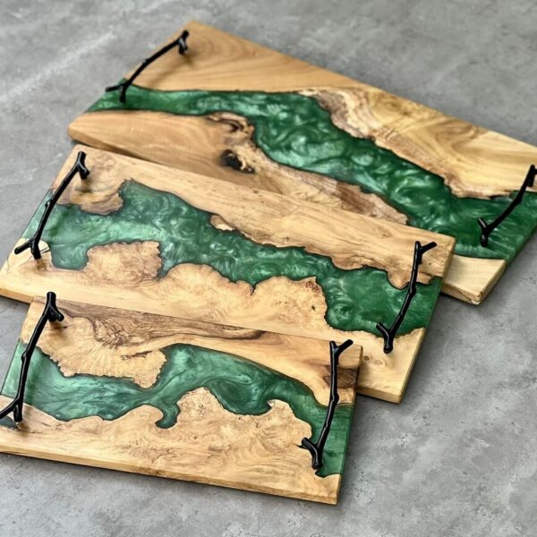 Handcrafted epoxy river wooden serving tray with live edge wood and blue resin