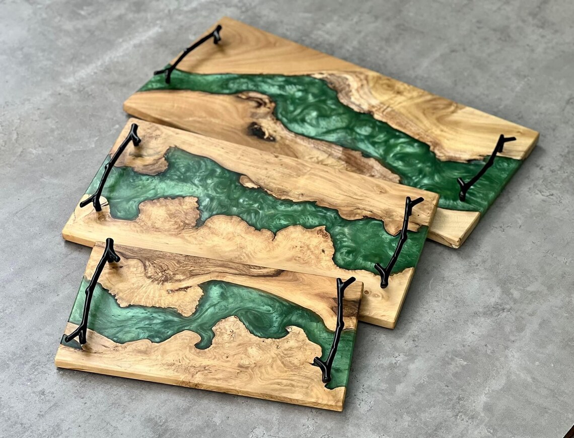 Epoxy River Wooden Serving Tray Handcrafted epoxy river wooden serving tray with live edge wood and blue resin