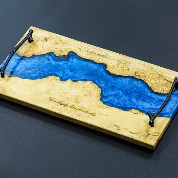 Handcrafted epoxy river wooden serving tray with live edge wood and blue resin