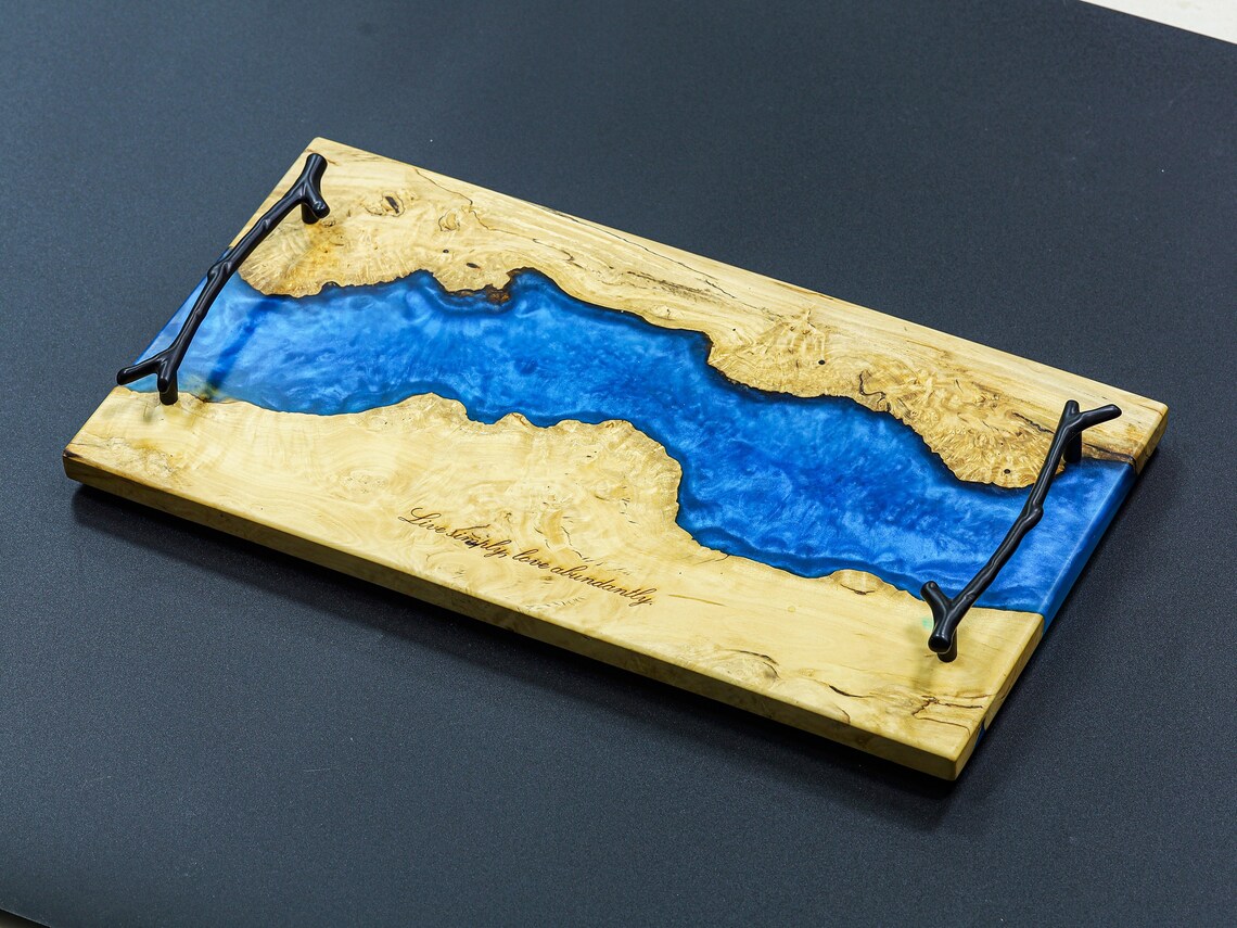 Epoxy River Wooden Serving Tray Handcrafted epoxy river wooden serving tray with live edge wood and blue resin