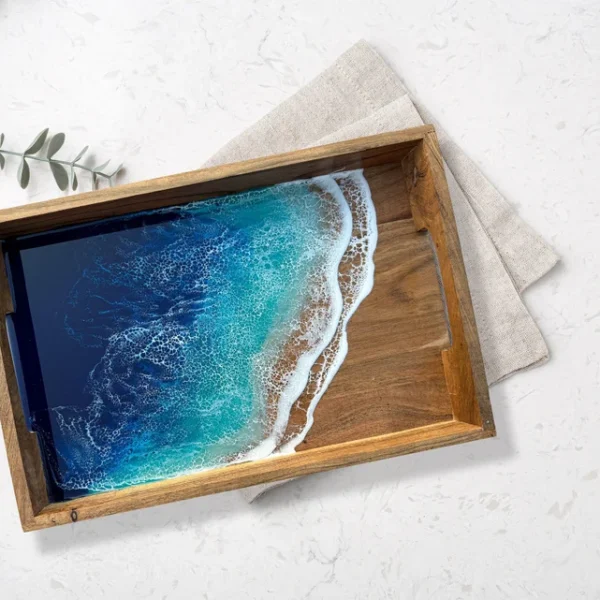 Ocean Wave Resin and Wooden Serving Tray with Beach Inspired Epoxy Art