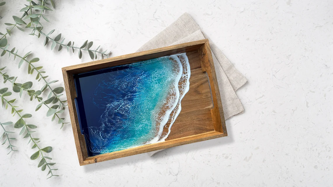 Ocean Wave Resin Wooden Serving Tray Ocean Wave Resin and Wooden Serving Tray with Beach Inspired Epoxy Art