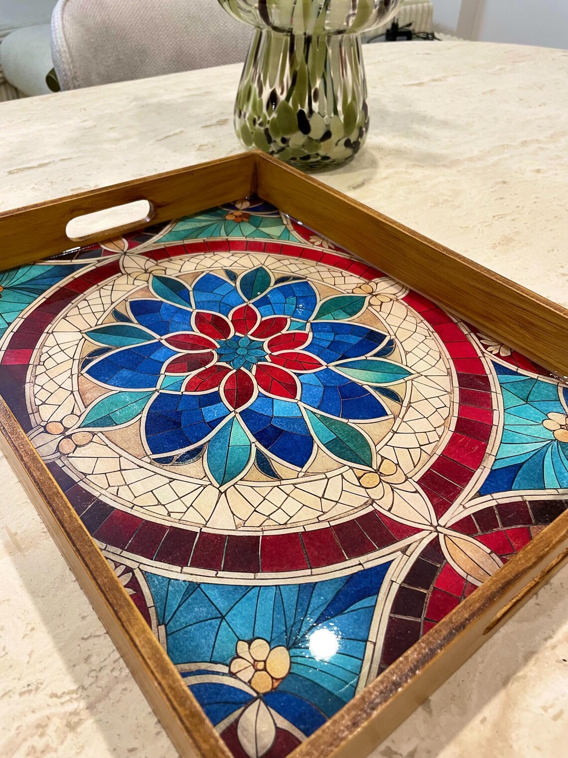 Rectangular Wooden Floral Mosaic Serving Tray Handcrafted rectangular wooden serving tray with colorful floral mosaic artwork.
