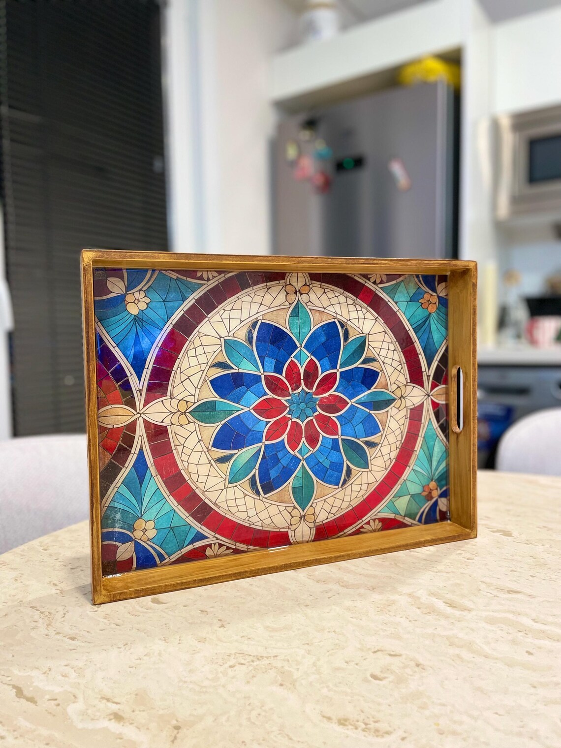 Rectangular Wooden Floral Mosaic Serving Tray Handcrafted rectangular wooden serving tray with colorful floral mosaic artwork.