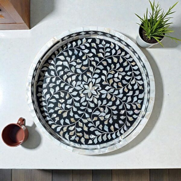 Mother of Pearl Round Serving Tray with Vintage Floral Design