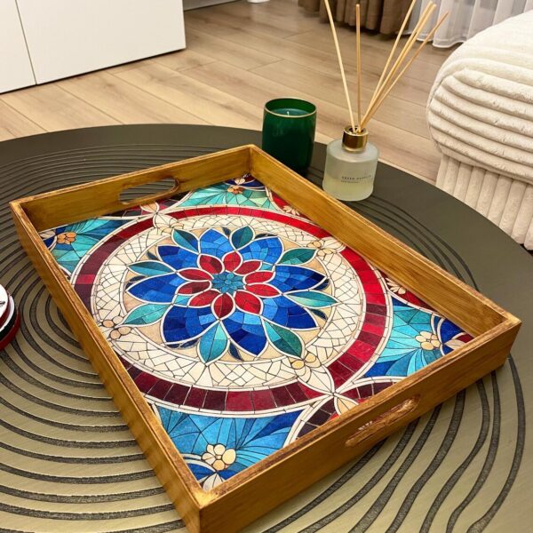 Handcrafted rectangular wooden serving tray with colorful floral mosaic artwork.