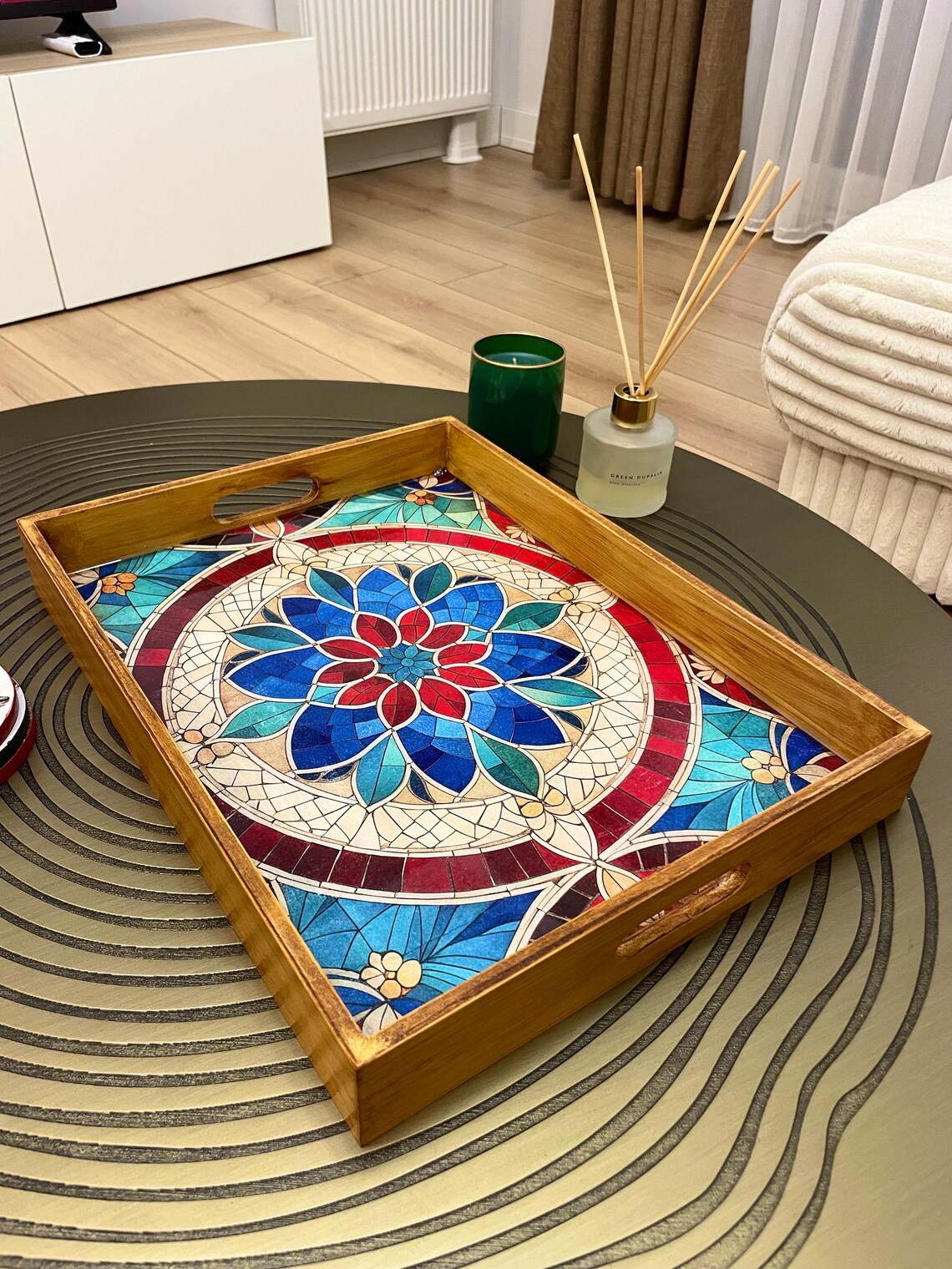 Rectangular Wooden Floral Mosaic Serving Tray Handcrafted rectangular wooden serving tray with colorful floral mosaic artwork.