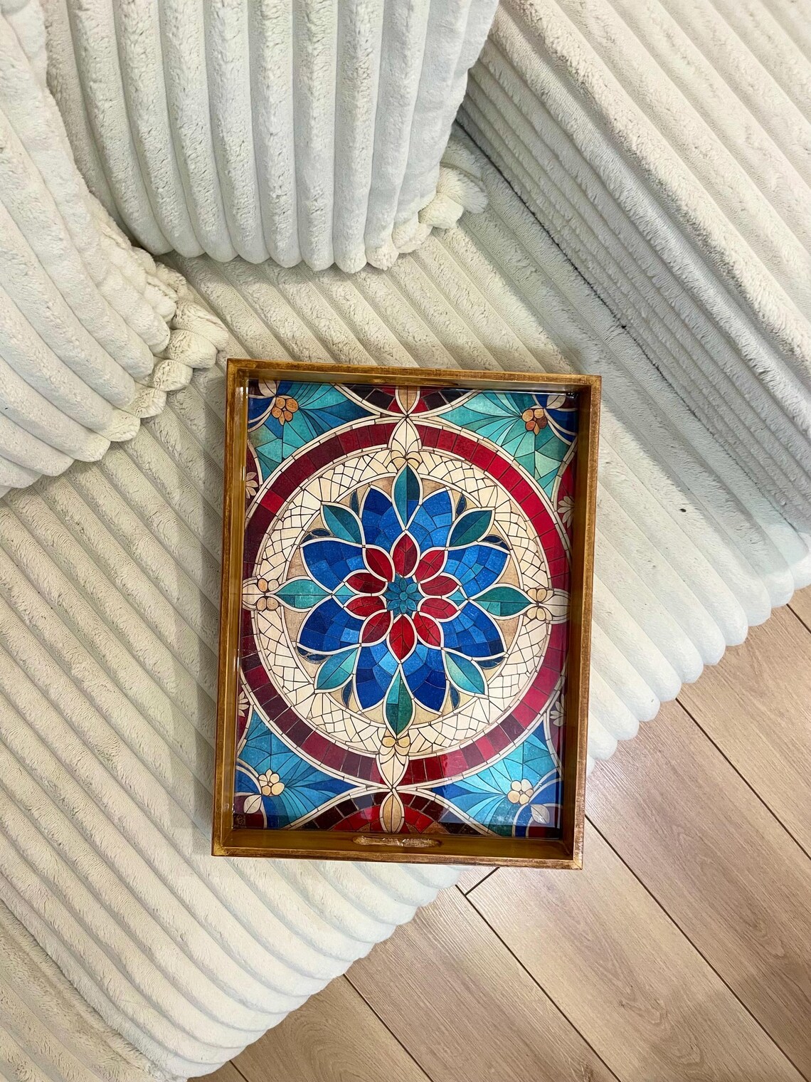 Rectangular Wooden Floral Mosaic Serving Tray Handcrafted rectangular wooden serving tray with colorful floral mosaic artwork.